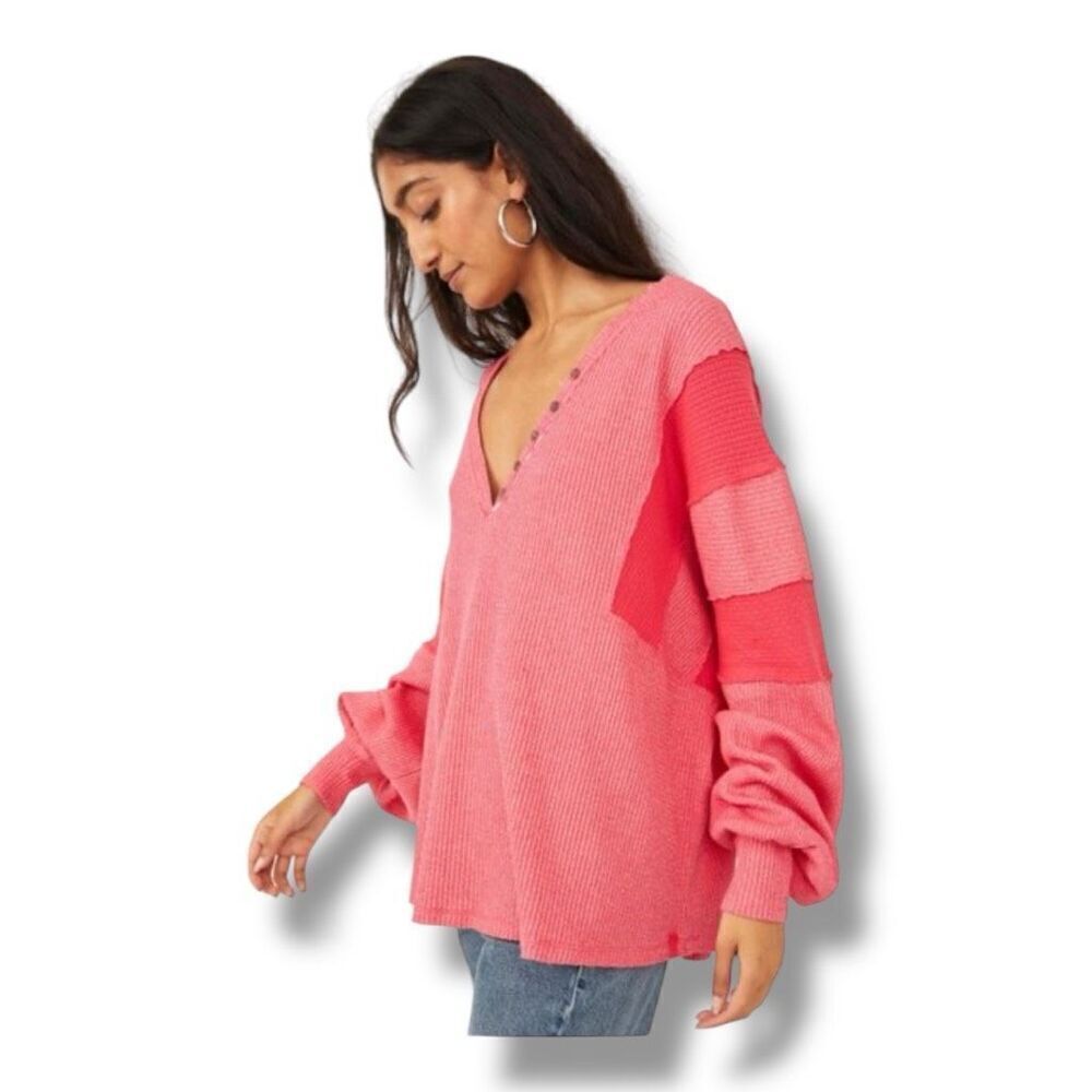 We The Free Callisto Henley Thermal Distressed Oversized Boho Top Size Medium